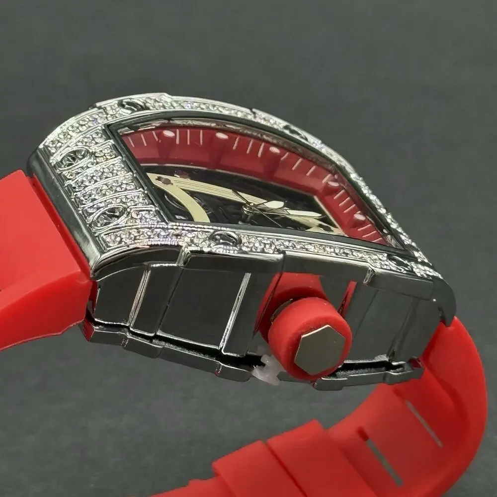 Men's Avant-Garde Tonneau Sport Watch Fully Iced Out Bezel & Vibrant Red Band